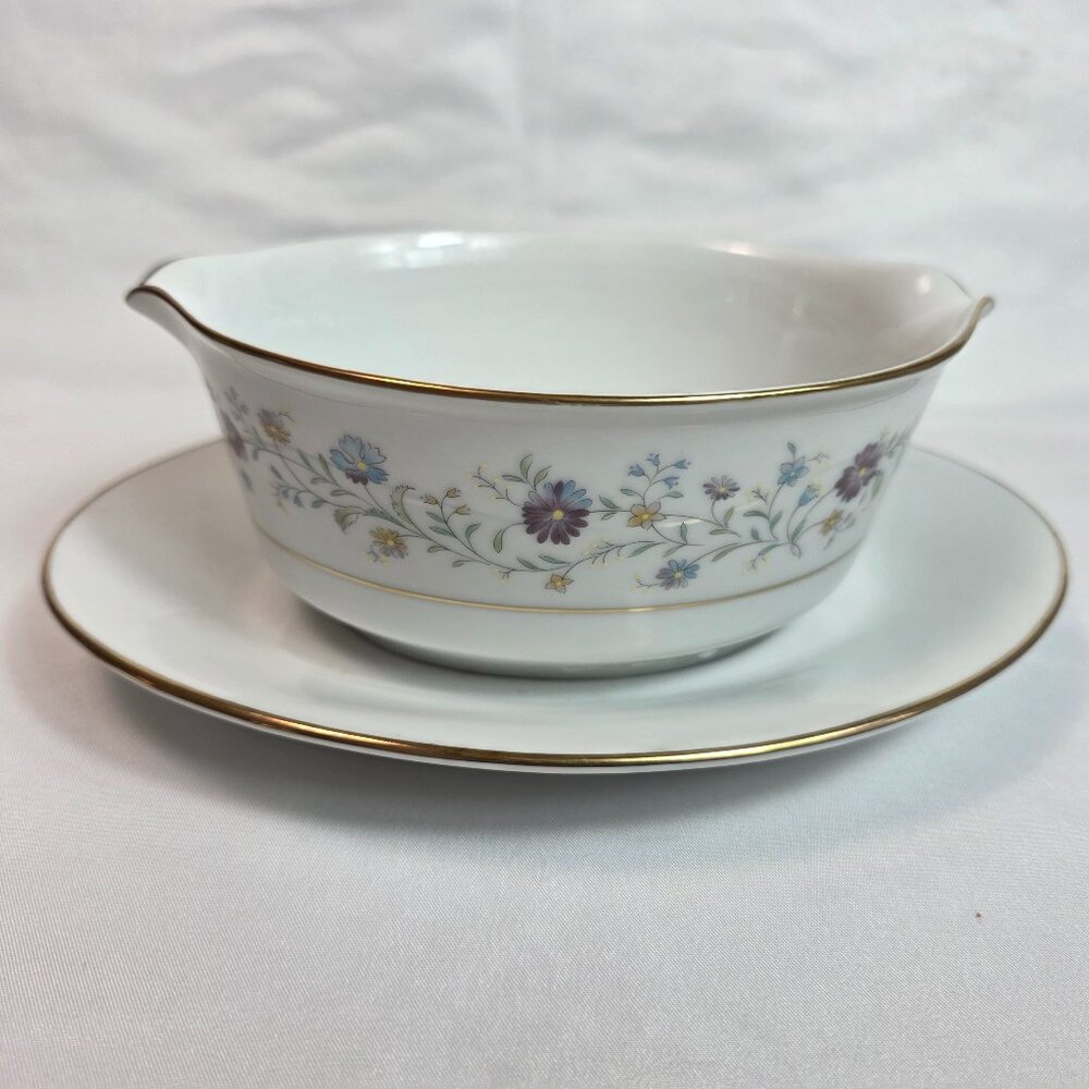 Noritake Longwood #2485 Gravy Boat with Underplate Purple, Blue & Yellow Flowers